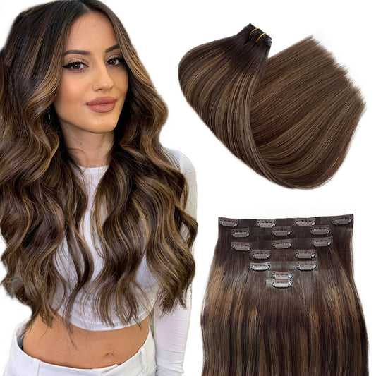 Hair Extensions Clip in Ombre Brown Highlights 7 Pcs Seamless Human Hair Clip in Extensions 22 Inch Invisible PU Skin Weft Natural Remy Human Hair Extensions for Women Full Head 100G