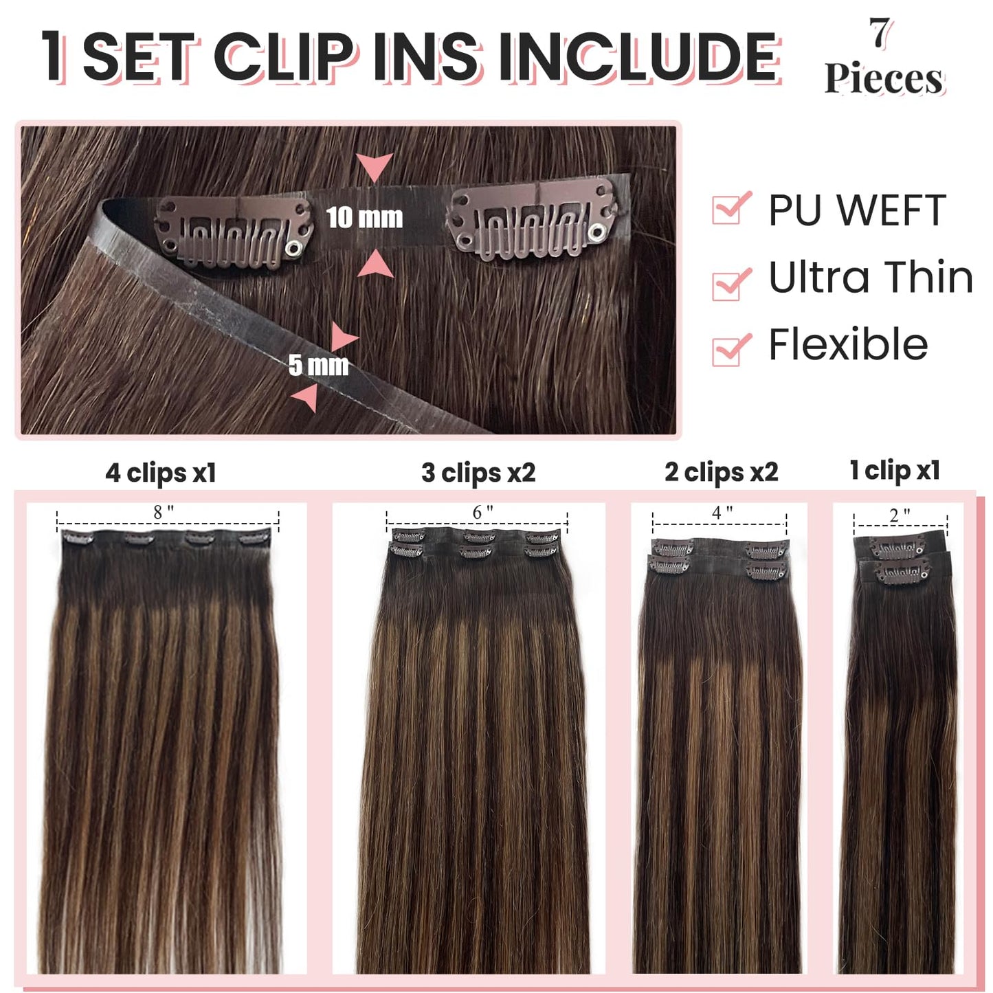 Hair Extensions Clip in Ombre Brown Highlights 7 Pcs Seamless Human Hair Clip in Extensions 22 Inch Invisible PU Skin Weft Natural Remy Human Hair Extensions for Women Full Head 100G