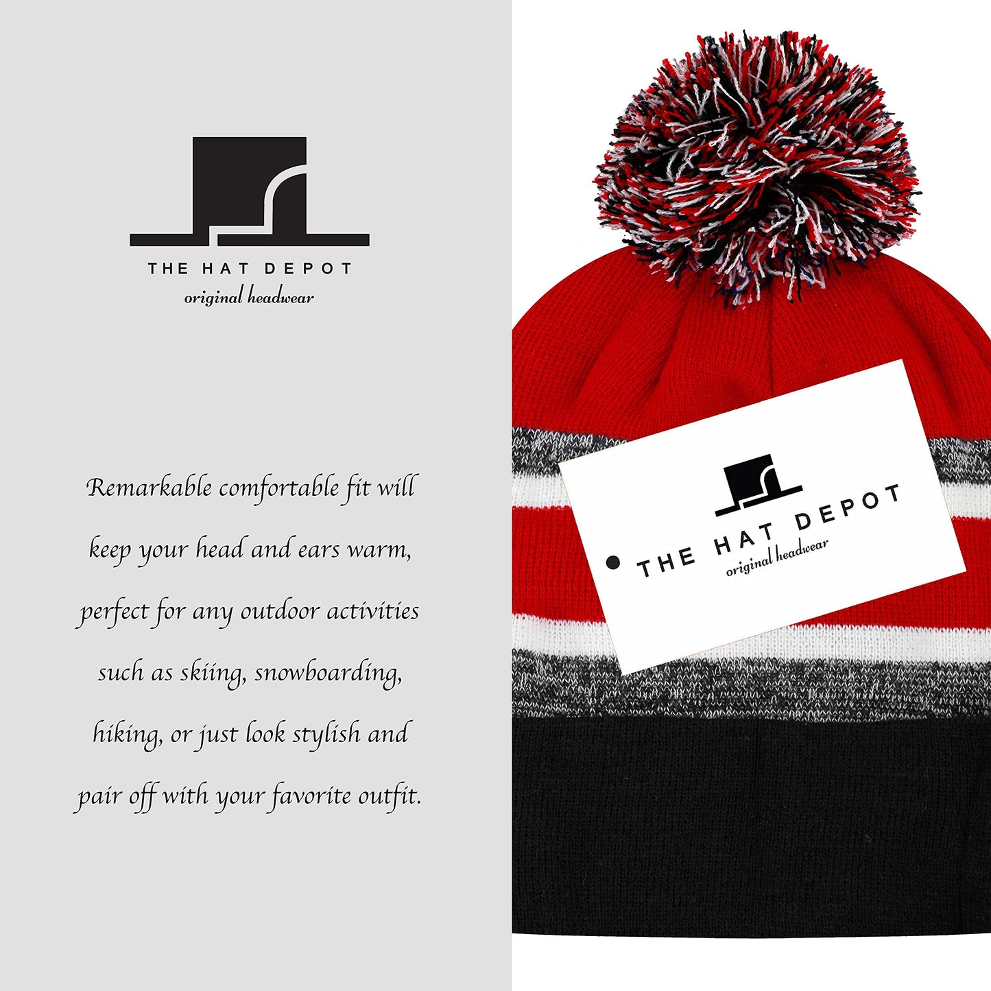 The Hat Depot Winter Soft Unisex Pom Pom Plain Knit Beanie Skully Hat (Black and Red with Pom)