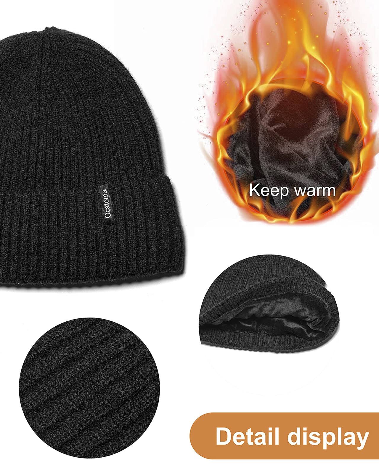 Ocatoma Beanie for Men Women Warm Winter Knit Cuffed Beanie Soft Warm Ski Hats Unisex Black