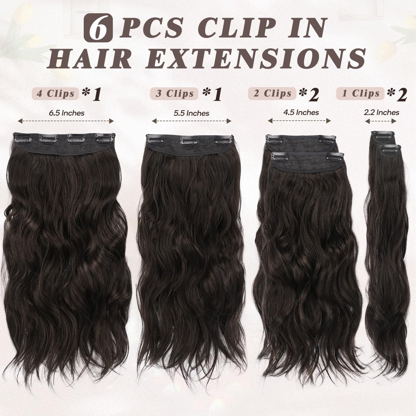 BARSDAR Brown Clip in Hair Extensions - 16 Inch Wavy Clip in Hair Extensions for Women - 6PCs Full Head Thick Soft Synthetic Clip in Hairpieces Daily Party Halloween- Dark Brown
