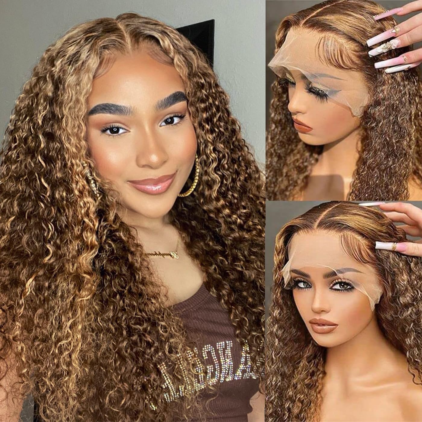 13x6 Highlight Ombre Deep Wave Lace Front Wigs Human Hair Pre Plucked 22 Inch P4/27 Colored Glueless Wigs Human Hair Honey Blonde Curly Human Hair Wig for Women with Baby Hair 180 Density