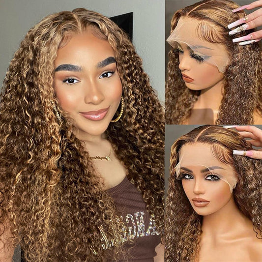 13x6 Highlight Ombre Deep Wave Lace Front Wigs Human Hair Pre Plucked 22 Inch P4/27 Colored Glueless Wigs Human Hair Honey Blonde Curly Human Hair Wig for Women with Baby Hair 180 Density