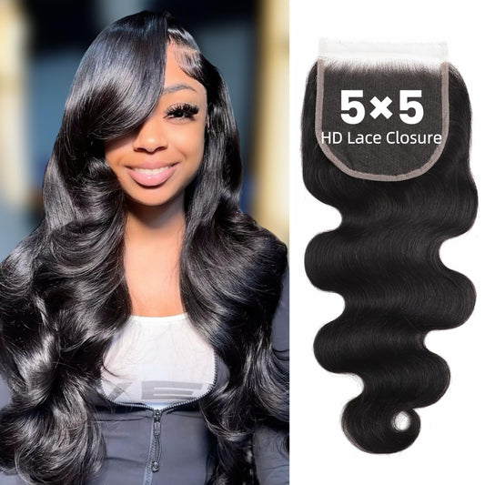 5x5 SKINLIKE 100% Real HD Lace Closure Body Wave Human Hair Closure 0.095mm Ultra-thin Invisible Swiss HD Lace Closure Pre Plucked Small Single Knots Brazilian Virgin Human Hair Lace Closure 20inch