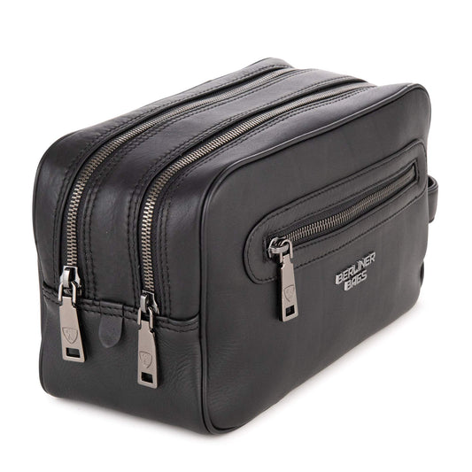 BERLINER BAGS Premium Leather Toiletry Bag Max 2, Large Cosmetics Case for Men and Women for Travel - Black