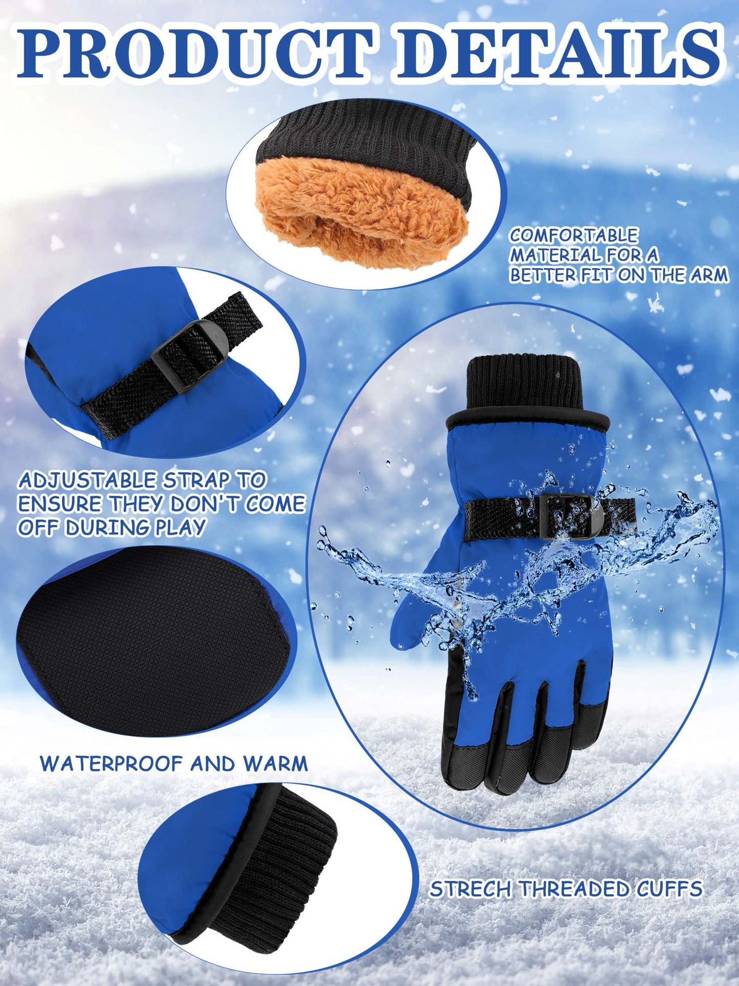 Eurzom 2 Pairs Kids Winter Gloves Waterproof Ski Gloves Windproof Warm Unisex Ski Gloves Warm Snow Gloves with Hook and Loop(Red, Blue, for 6-13 Years)