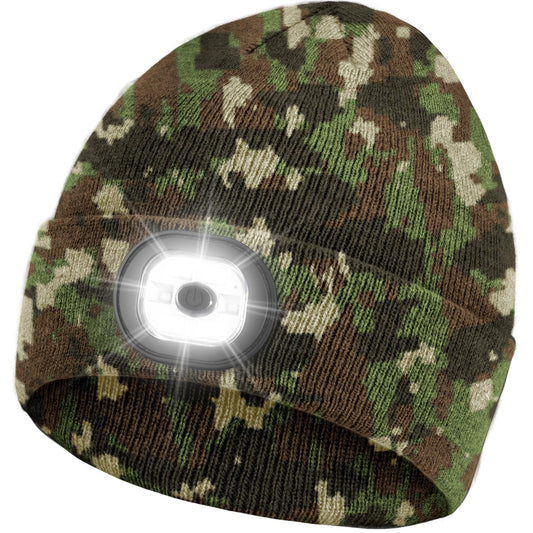 Rechargeable LED Beanie Headlamp - Unisex Winter Knit Cap with Hands Free Flashlight for Fishing, Running, Camping Camouflage