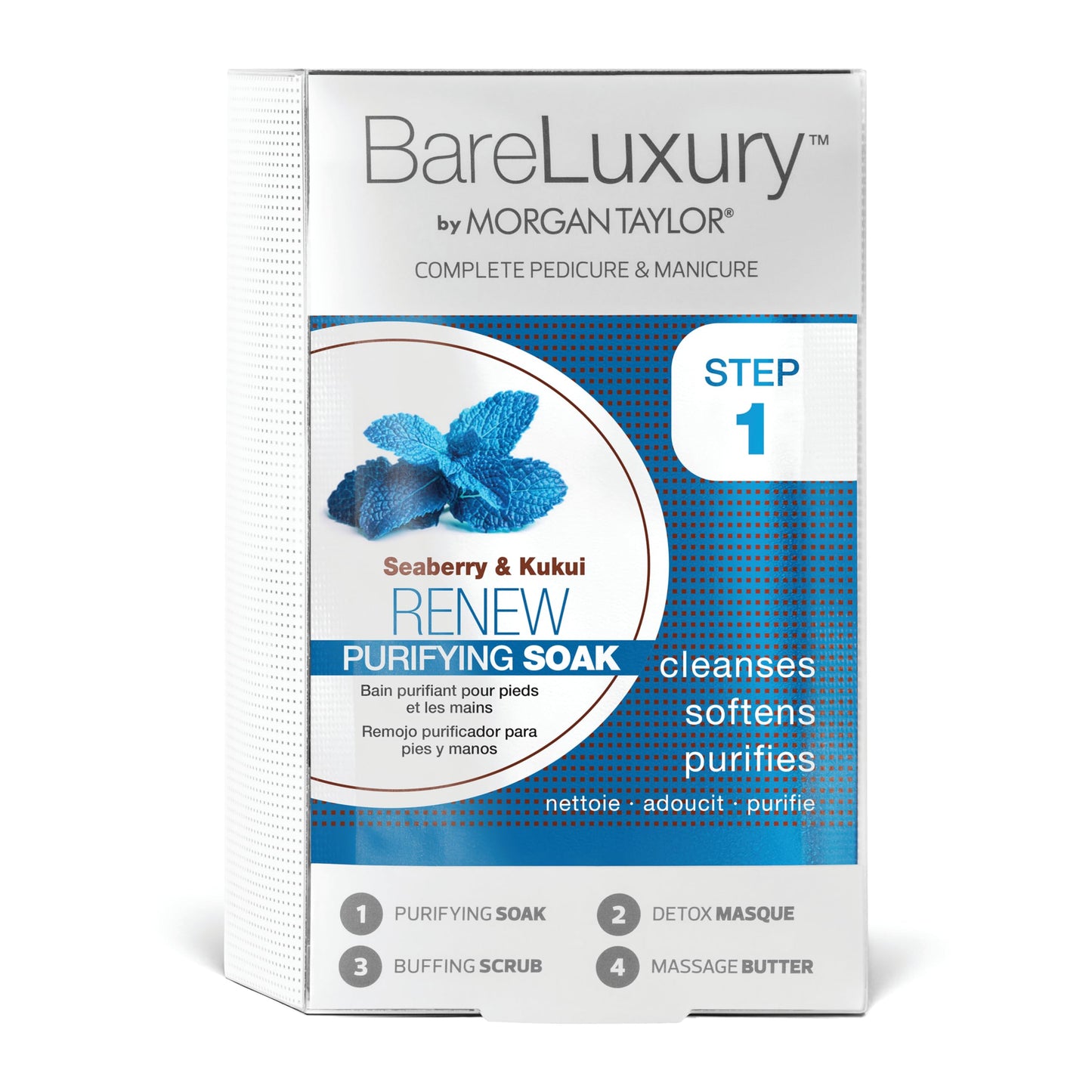 Morgan Taylor BareLuxury 4-Step Complete Pedicure & Manicure Packs (Renew Seaberry & Kukui) - Complete Nail Care Kit with Soak, Masque, Scrub & Massage Butter, Professional Spa-Quality Treatments.