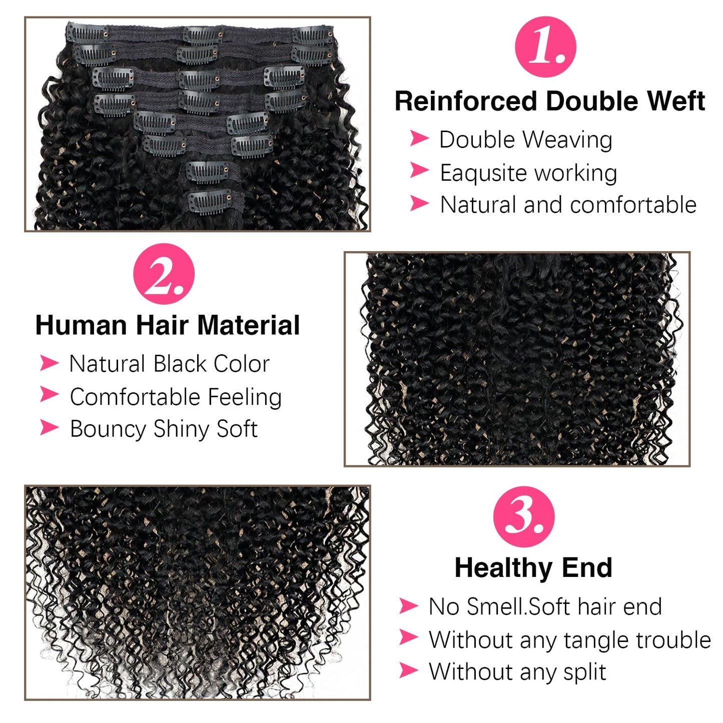 3c 4a Curly Clip in Hair Extensions Real Human hair Clip ins For Women Brazilian Virgin Curly Clip ins Human Hair Extensions Clip on Hair 8pcs/120g/pack(18inch,#1B)