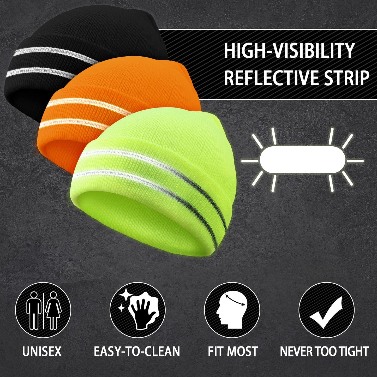 JenPen 3 Pieces Safety Beanie Reflective Hat Winter High Visibility Unisex Knit Beanie Construction Hat (Yellow, Orange, Black)