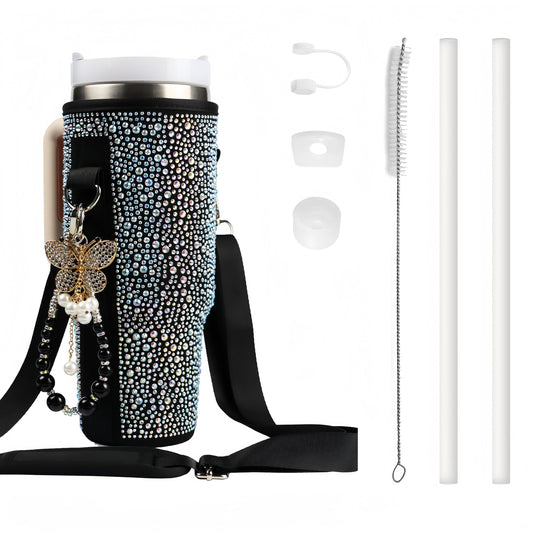 Water Bottle Carrier Bag for Stanley 40oz Tumbler - Stanley Cup Belt Bag with Adjustable Strap, Straw Cover & Pearl Bracelet - Stanley Cup Accessories(Black Diamond Pro)
