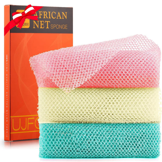 3 Pieces African Net Sponge, African exfoliating net African Net Long Net Bath Sponge Exfoliating Shower Body Scrubber Back Scrubber Skin Smoother（Pink, Green, Off-White）