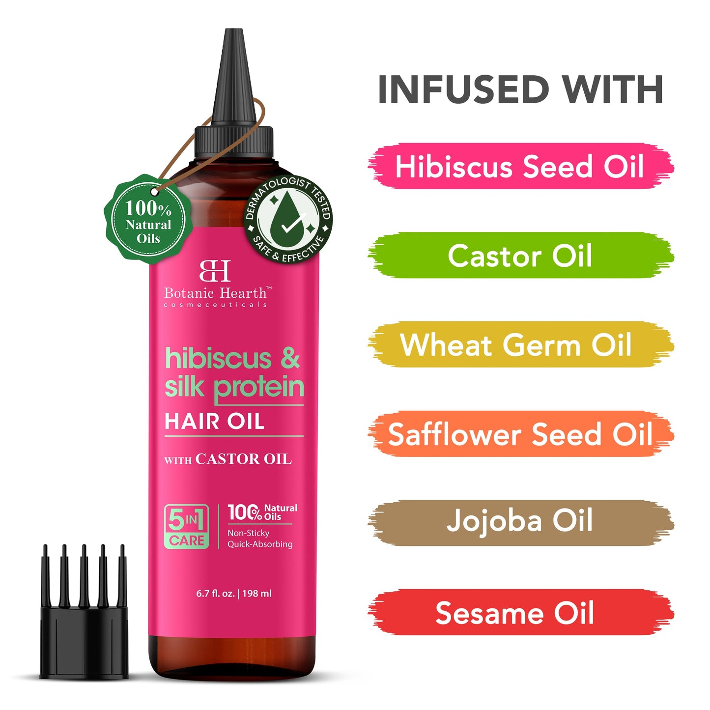 Botanic Hearth Hibiscus & Silk Protein Hair Oil (6.7 fl oz) | Hydrating and Strengthening Hair Treatment for Smooth, Shiny, and Healthy-Looking Hair | Paraben Free | Suitable for All Hair Types