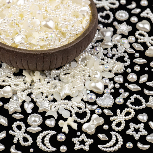 600Pcs 3D Multi Shapes Nail Charms and Flatback Pearls, Beige&Beige AB Mix Styles Heart Star Bow Sunflower Embellishments for Nail Art, Craft and Decoration with Tweezer and Pickup Pencil