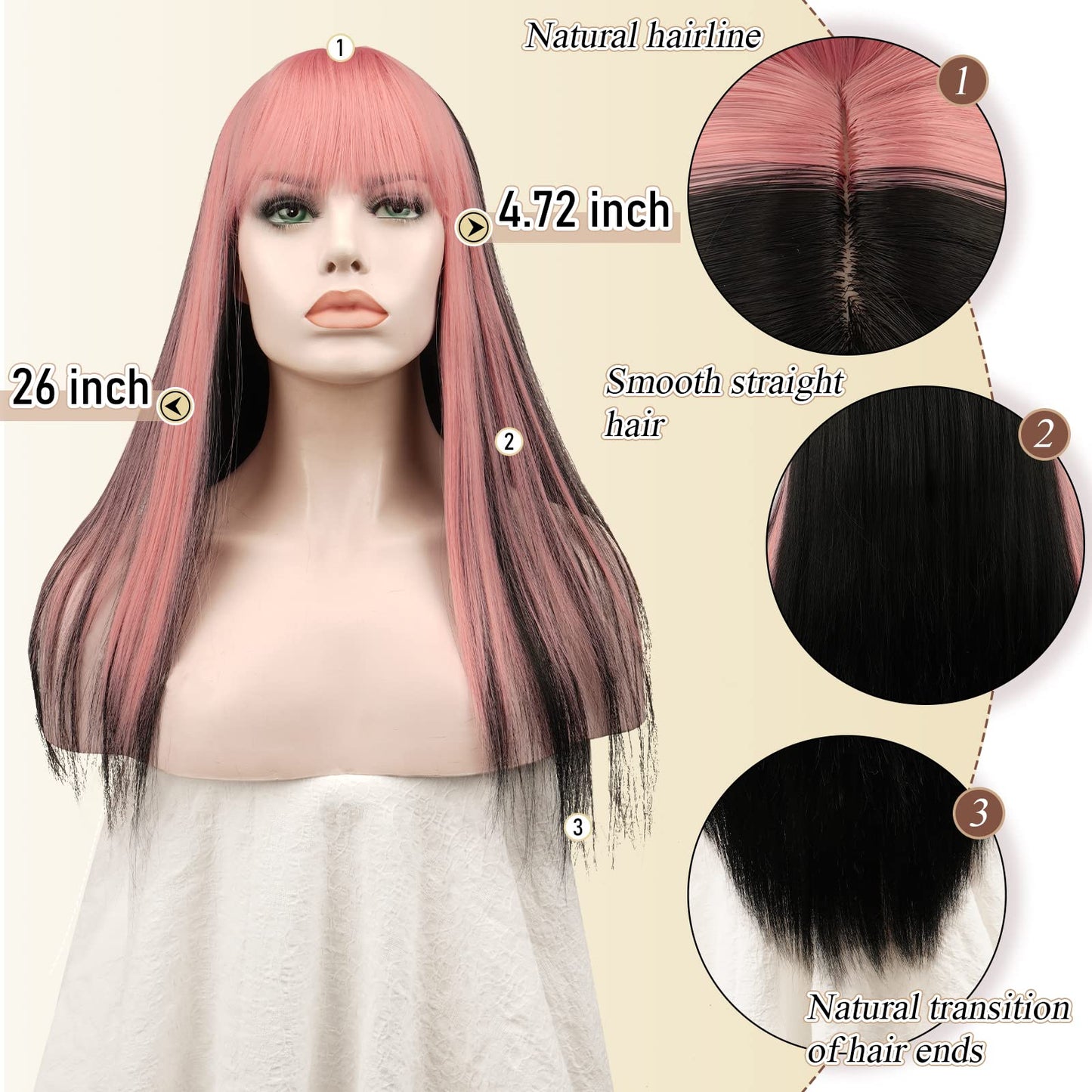 SOFEIYAN Long Straight Wig with Bangs Black with Pink Strips Synthetic Hair Replacement Wigs Heat Resistant Full Wig for Women Girls 26 inches