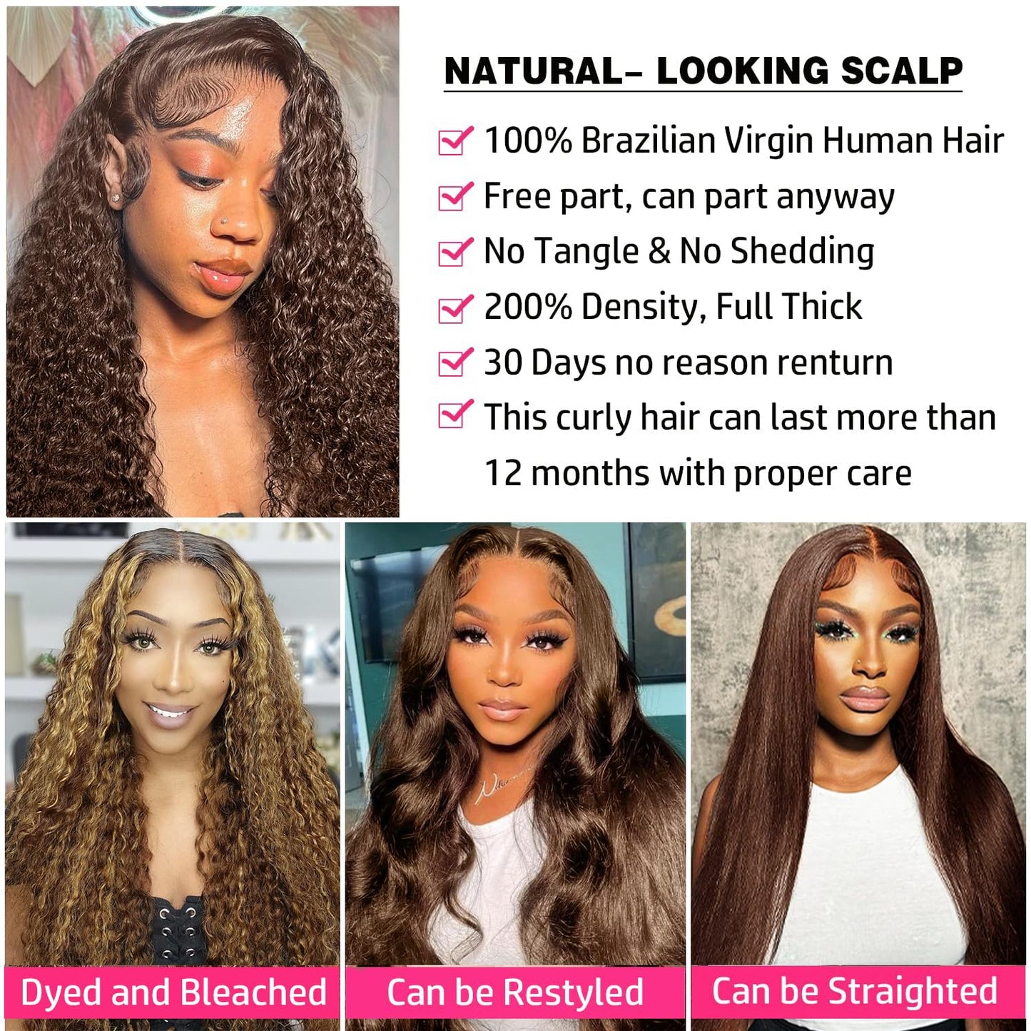 20 Inch Brown Wig Human Hair Pre Plucked 13x6 Chocolate Brown Deep Wave Lace Front Wigs Human Hair 200 Density HD Lace Frontal Brown Curly Wigs for Women Wet and Wavy Glueless Wigs Human Hair