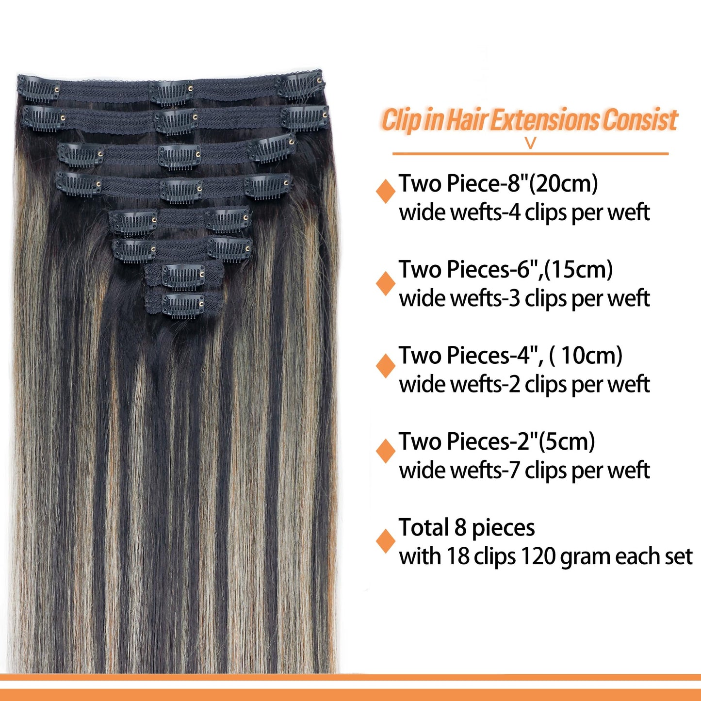 FB27 Highlight Ombre Clip In Hair Extensions Real Human Hair Straight Clip In Black to Blonde Human Hair Extensions Balayage Clip ins Remy Hair for Women 8Pcs with 18Clips Lace Weft 120g 20inch