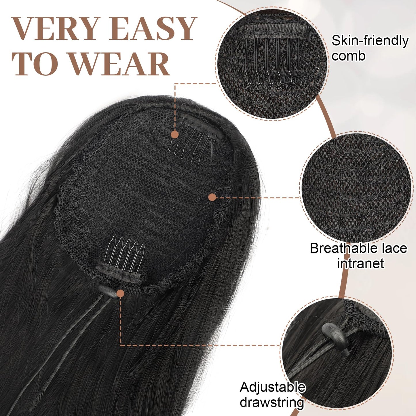 KooKaStyle Ponytail Extensions, 22 inch Black Long Drawstring Wavy Clip in Ponytail Hair Extensions Layered Synthetic Hairpiece for Women
