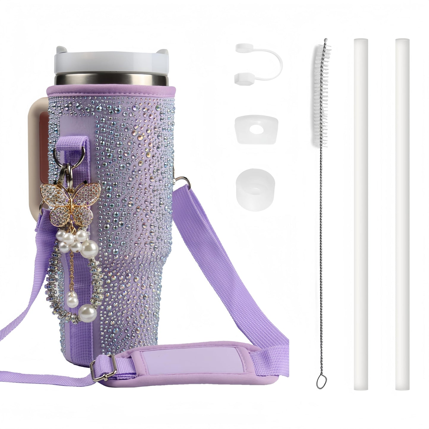 Water Bottle Carrier Bag for Stanley 40oz Tumbler - Stanley Cup Belt Bag with Adjustable Strap, Straw Cover & Pearl Bracelet - Stanley Cup Accessories(Purple Diamond Pro)