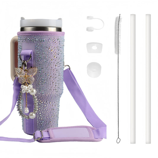 Water Bottle Carrier Bag for Stanley 40oz Tumbler - Stanley Cup Belt Bag with Adjustable Strap, Straw Cover & Pearl Bracelet - Stanley Cup Accessories(Purple Diamond Pro)