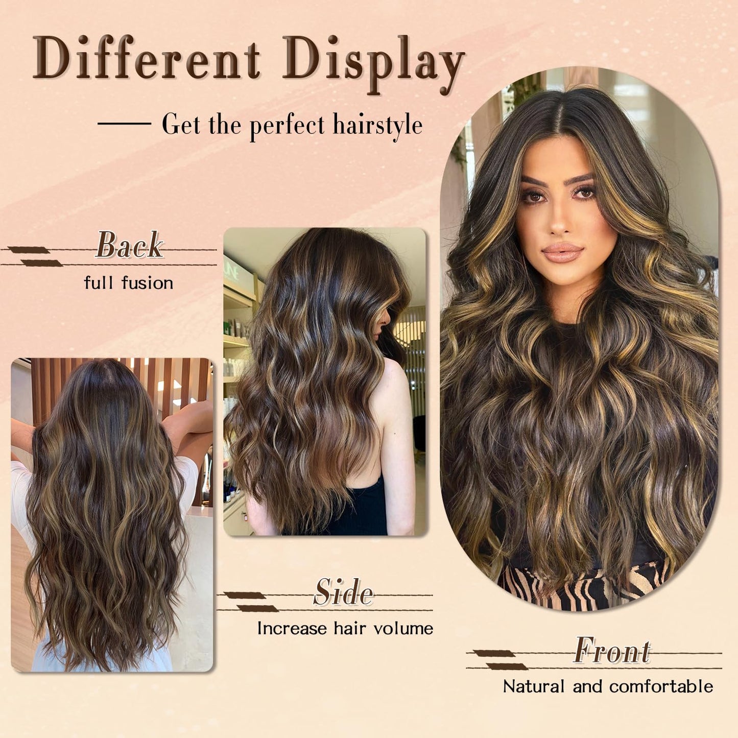 FREEMEIGE Clip in Long Wavy Synthetic Hair Extension 20 Inch Balayage Dark Brown to Chestnut 4PCS Thick Hairpieces Fiber Double Weft Hair for Women