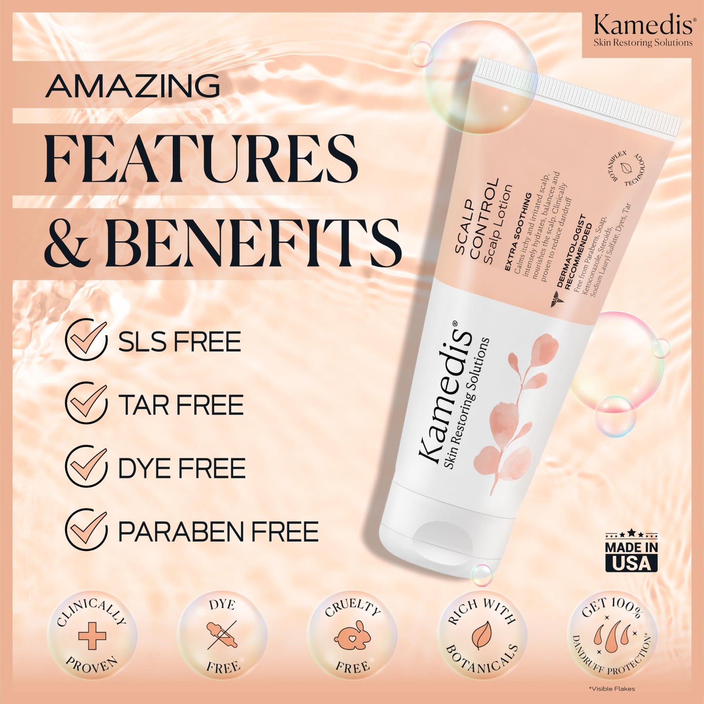 KAMEDIS Scalp Moisturizer Lotion For Dry, Itchy, Dandruff, Flaky, Seborrheic Dermatitis, Psoriasis and Sensitive Scalp. Over-Night Mask Treatment Botanicals-Based. Parabens Free. 3.38 Fl Oz.