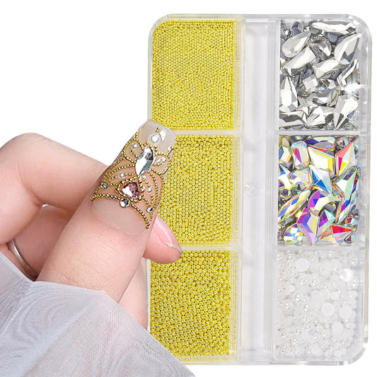 3D Nail Art Charms Gold Nail Micro Caviar Beads Rhinestones for Acrylic Nails Mix Size Multishape AB Nail Rhinestones Nail Crystal Studs Flatback Pearl Kit for Nail DIY Craft Decoration