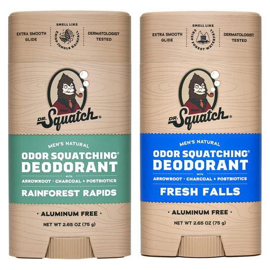 Dr. Squatch Natural Deodorant for Men – Odor-Squatching Men's Deodorant Aluminum Free - Rainforest Rapids + Fresh Falls (2.65 oz, 2 Pack)