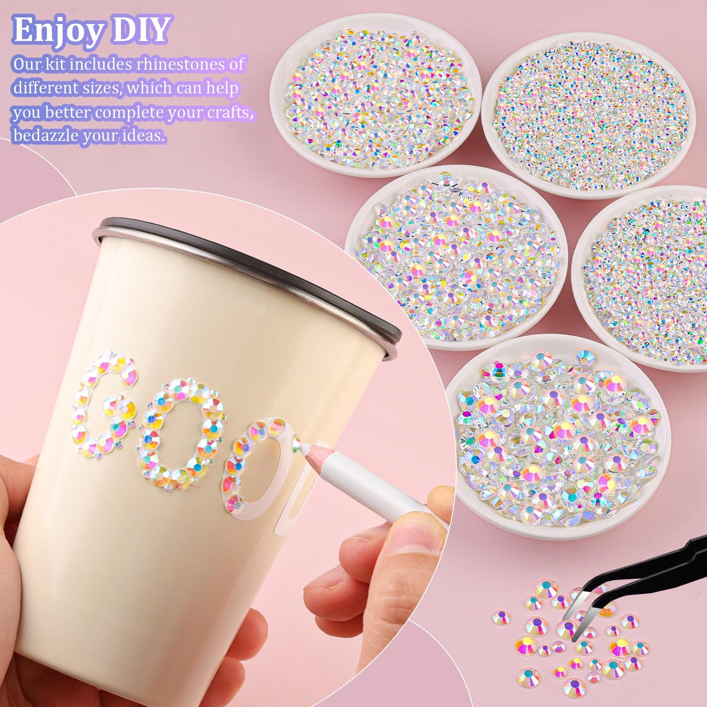 16000Pcs Resin Jelly Rhinestones with Tweezers for Crafting, Transparent AB 2-6mm Mixed Sizes Flatback Gems, Bedazzling Crystal for DIY Crafts Clothing Tumblers Mugs Shoes Fabric Nail Art
