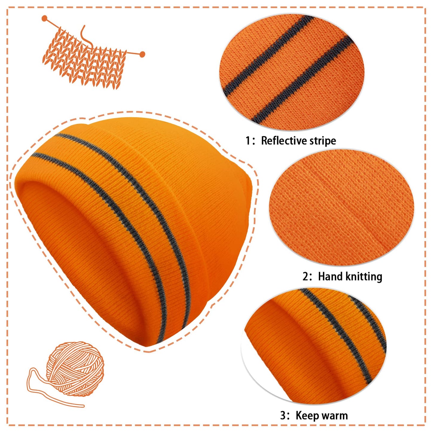 JenPen 3 Pieces Safety Beanie Reflective Hat Winter High Visibility Unisex Knit Beanie Construction Hat (Yellow, Orange, Black)