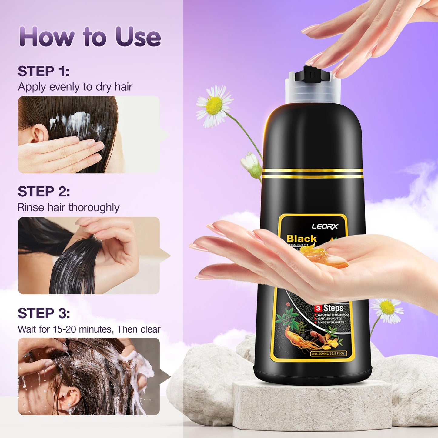 Leorx 3 In 1 Dark Brown Hair Dye For Gray Hair - Instant Herbal Coloring Shampoo For Women & Men - Shampoo Para Canas Mujer