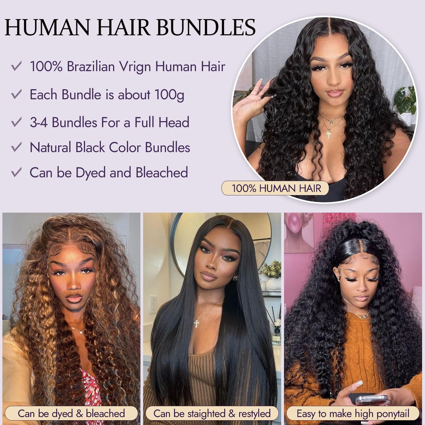 20 22 24 Inch Deep Wave Human Hair 3 Bundles 100% Unprocessed 12A Brazilian Virgin Human Hair Bundles Double Weft Deep Curly Weave Bundles Water Wave Bundles Natural Color