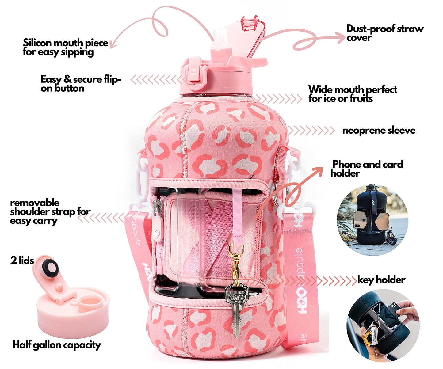 H2O Capsule 2.2L Half Gallon Water Bottle with Storage Sleeve and Covered Straw Lid – BPA Free Large Reusable Drink Container with Handle - Big Sports Jug, 2.2 Liter (74 Ounce) Pink Leopard