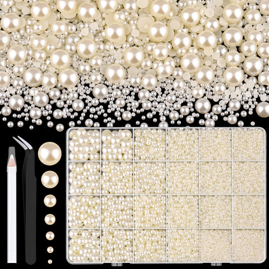 13000Pcs Flatback Pearls for Crafting (Ivory White/Beige), Assorted Size 2/3/4/5/6/8/10mm Half Pearl, Bedazzling Bead for DIY Crafts Clothing Tumblers Mugs Shoes Fabric Embellishment Nail Art Makeup