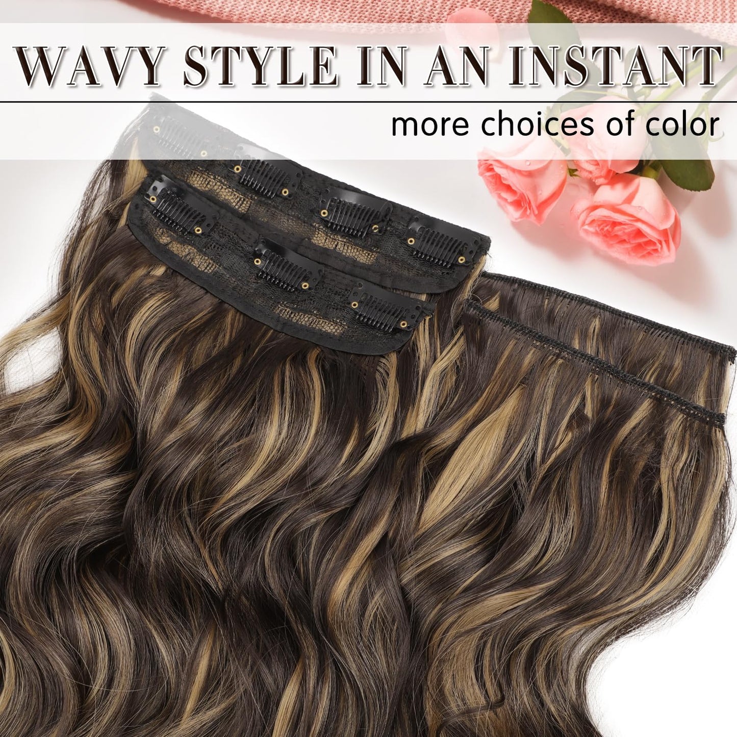 FREEMEIGE Clip in Long Wavy Synthetic Hair Extension 20 Inch Balayage Dark Brown to Chestnut 4PCS Thick Hairpieces Fiber Double Weft Hair for Women