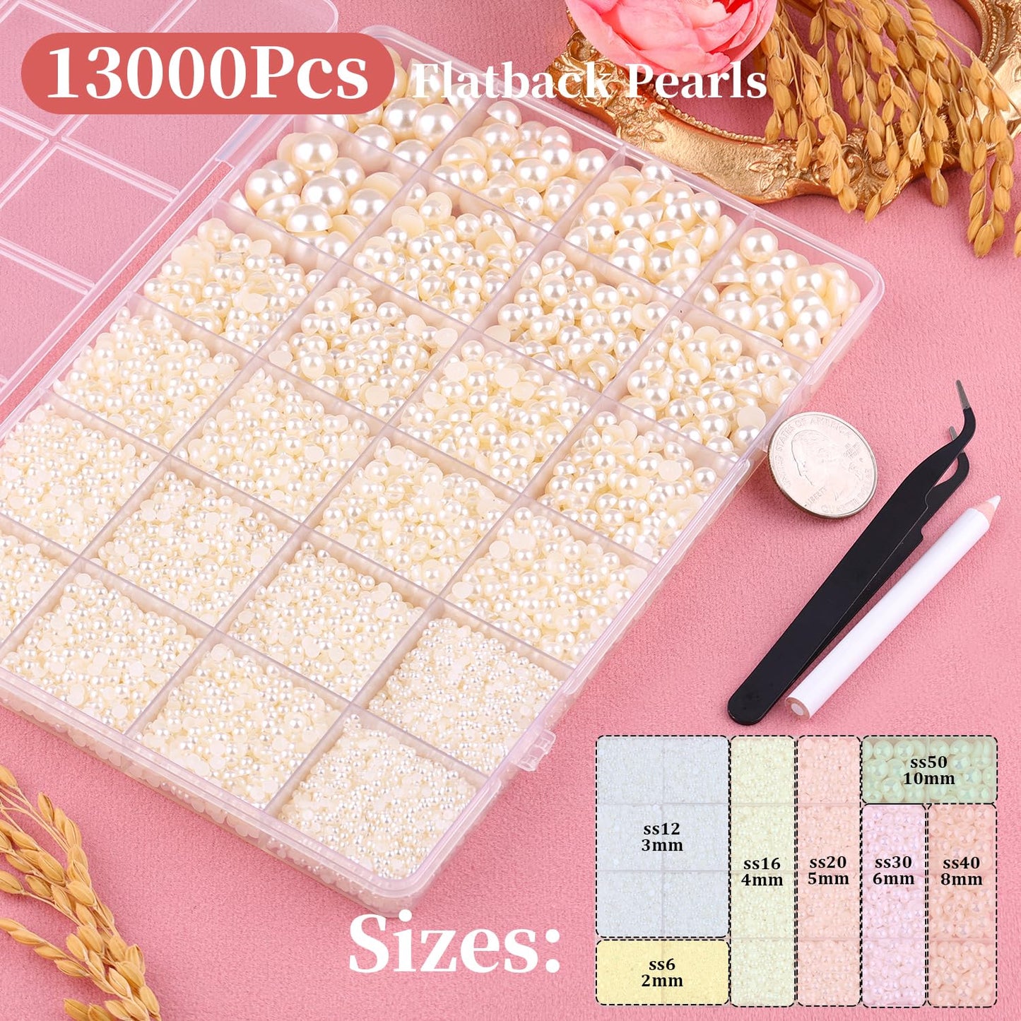 13000Pcs Flatback Pearls for Crafting (Ivory White/Beige), Assorted Size 2/3/4/5/6/8/10mm Half Pearl, Bedazzling Bead for DIY Crafts Clothing Tumblers Mugs Shoes Fabric Embellishment Nail Art Makeup