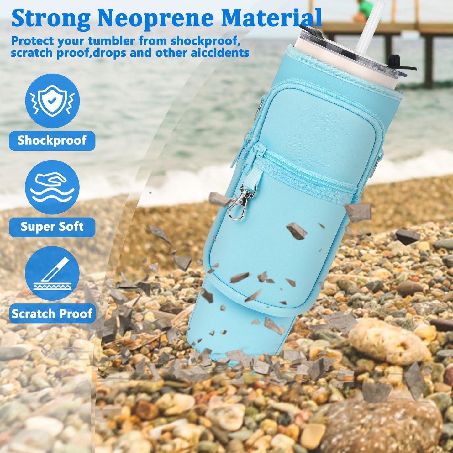 Water Bottle Carrier Bag with Phone Pocket Compatible with Stanley/Meoky 40 oz Tumbler with Handle,Neoprene Water Bottle Holder Pouch with Adjustable Strap Compatible with Stanley Cup Accessories