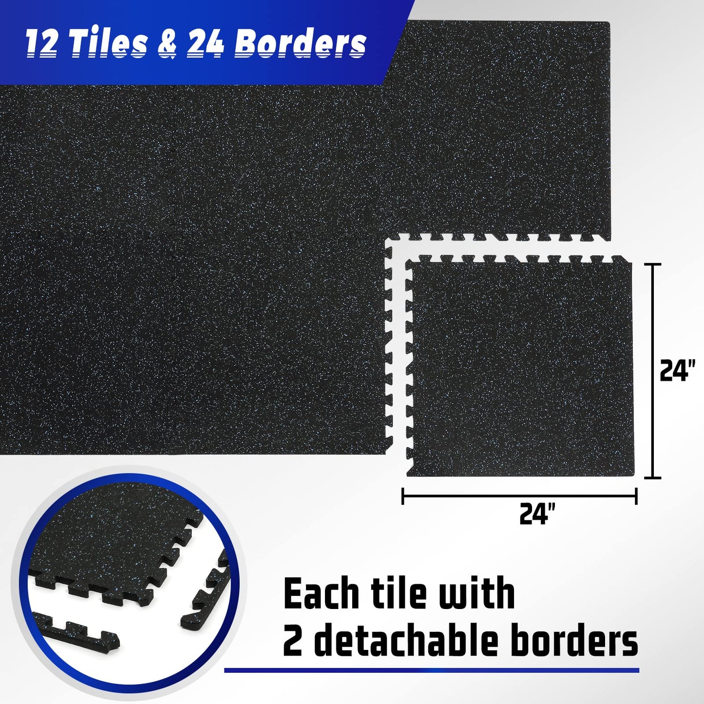 SUPERJARE 0.56'' Thick 12 Pcs 48 Sq Ft Rubber Top Exercise Equipment Mats, High Density EVA Foam Mats with Rubber Top, Interlocking Gym Flooring for Home Gym, Protective Workout Mat, Black/Blue