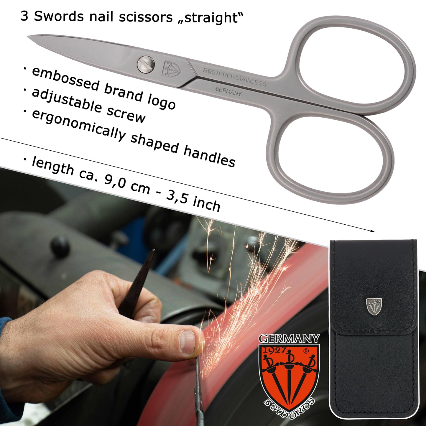 3 Swords Germany - brand quality STAINLESS STEEL INOX STRAIGHT NAIL SCISSORS (1 PIECE) with case for manicure pedicure - nail care by 3 Swords - Made in Germany