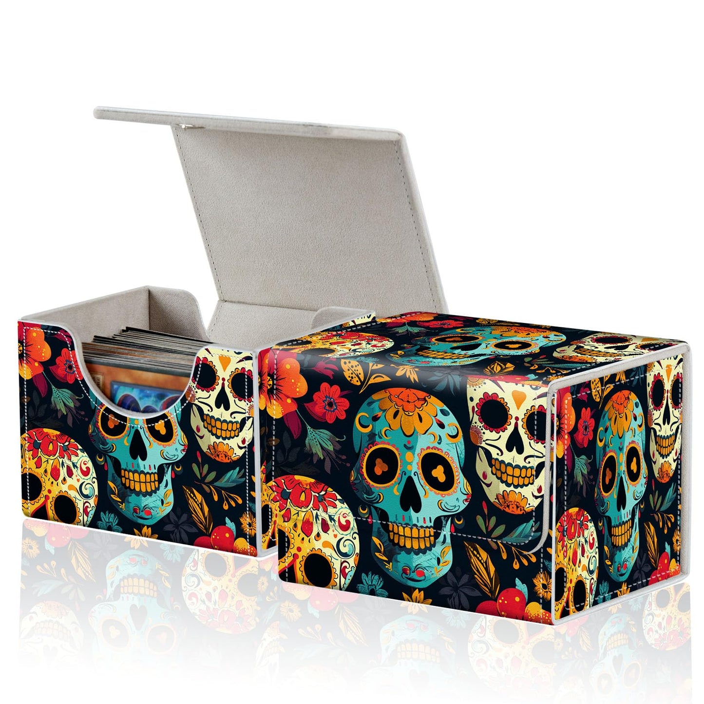ACWDMKH for MTG Commander Deck Box,Card Deck Box for Trading Card Yugioh MTG Cards,Fits 100 Double Sleeved Cards,PU Leather Magnet TCG MTG Deck Case for Magic Commander Deck Box,Flower Skull