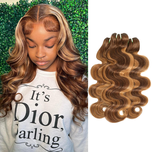 12A Double Drawn Highlight Honey Blonde Thick Raw Virgin 3 Bundles Human Hair Body Wave, Shed Free Colored 4/27 Real Piano Color Ombre Human Hair Bundles Quick Weave 14 16 18 Inch