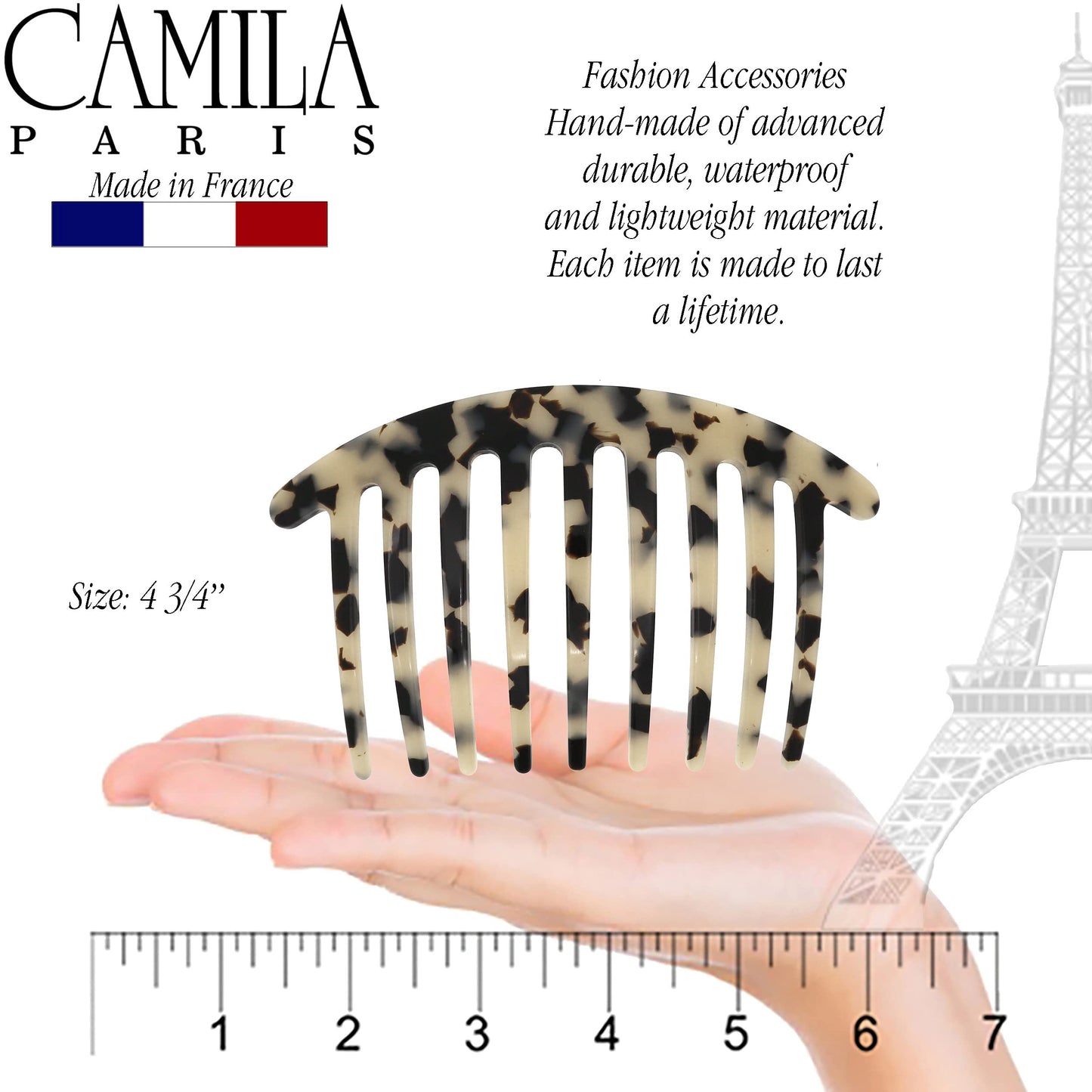 Camila Paris CP3160 French Handmade Side Comb Rounded, White Tokyo, French Twist Hair Combs Decorative, Strong Hold Hair Clips for Women Bun Chignon Up-Do Styling Girls Hair Accessories Made in France