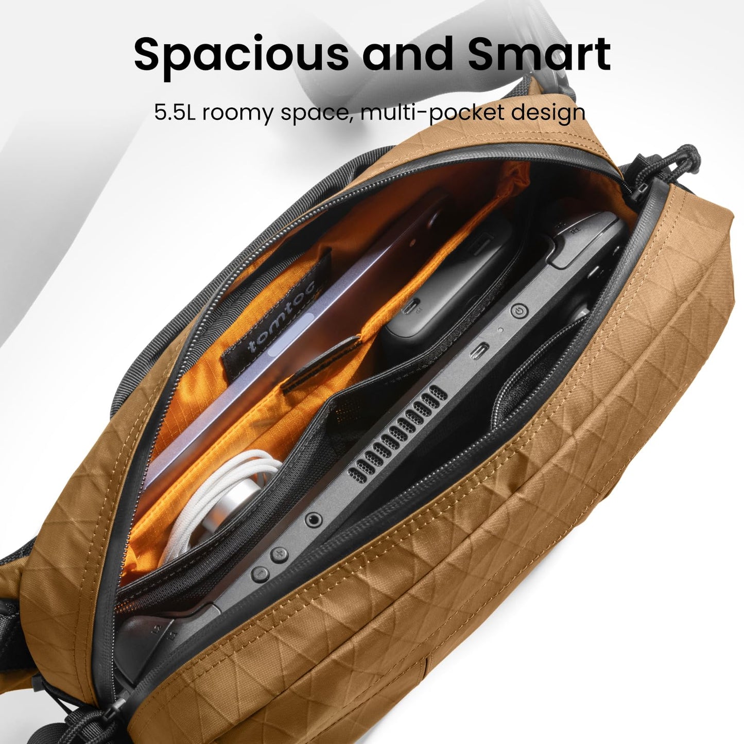 tomtoc 5.5L X-Pac Sling Bag, Heavy Duty Crossbody Bag for Men, Carry Chest Daypack, Water-resistant Shoulder Travel Bag for Steam Deck, ROG Ally X, 2024 iPad mini A17 Pro, Urban Techwear, Tactical