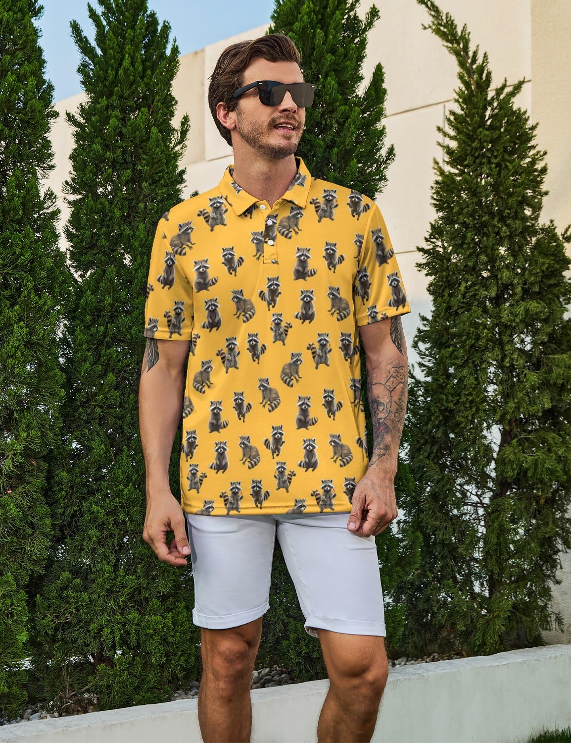 MSCPZH Raccoon Mens Golf Shirts Golf Polo Shirts for Men Short Sleeve Raccoon Polo Shirts Golf Gifts Raccoon Gifts