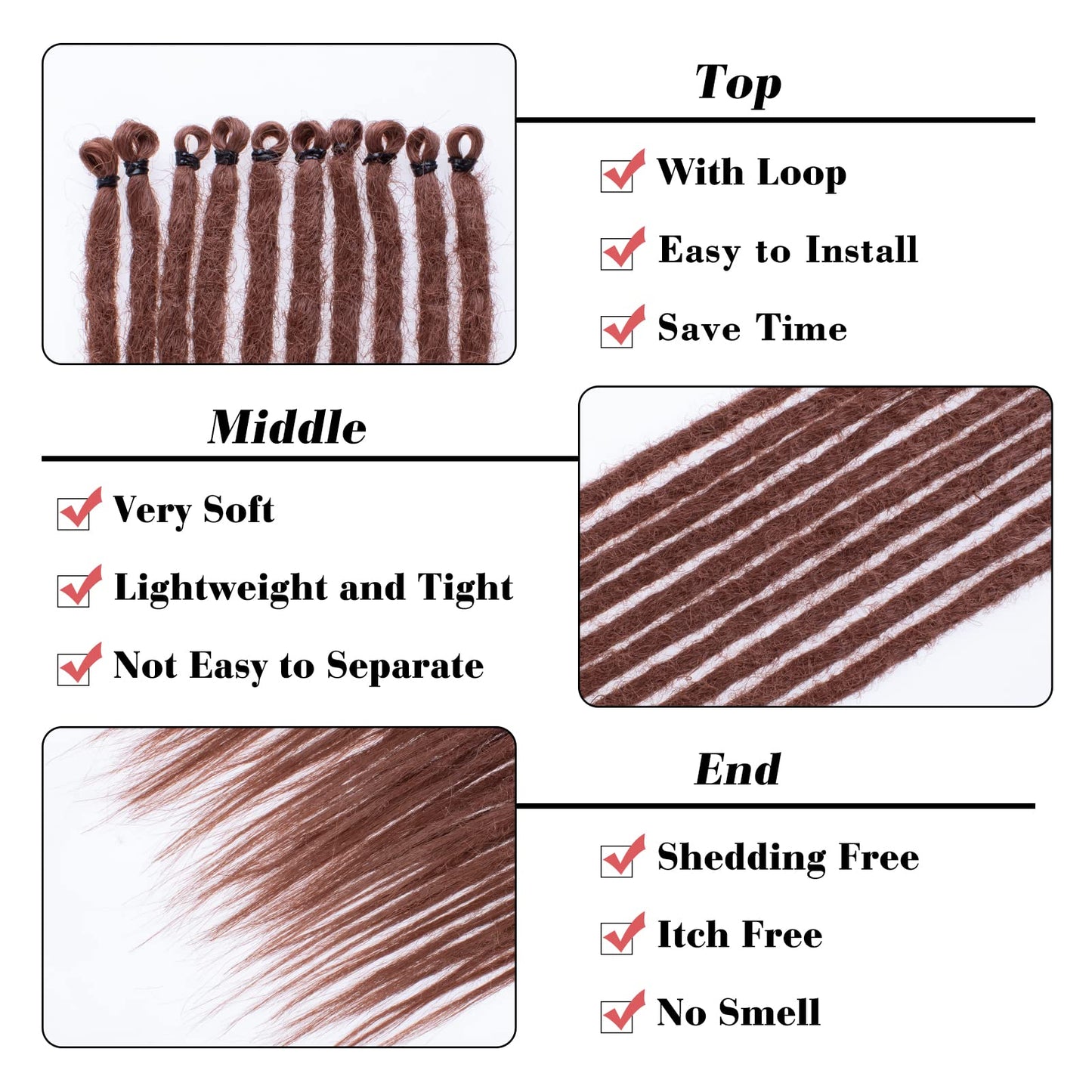Leeven 40 Strands 24 Inch Dreadlock Extensions Brown Single Ended Hippie Dreads 0.6 cm Width Loc Extensions Reggae Style Synthetic Crochet Hair for Women and Men