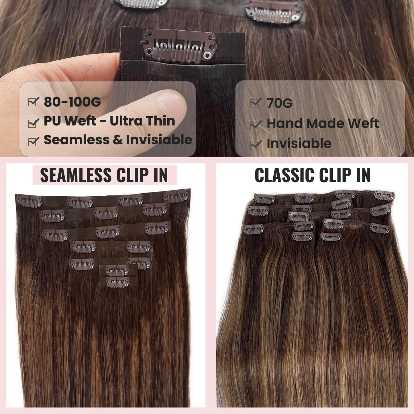 Hair Extensions Clip in Ombre Brown Highlights 7 Pcs Seamless Human Hair Clip in Extensions 22 Inch Invisible PU Skin Weft Natural Remy Human Hair Extensions for Women Full Head 100G