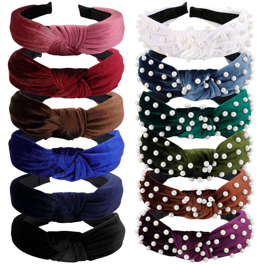 VELSCRUN Pearl Headband, 12 pcs Knotted Headbands for Women - Hair Bands with Beaded Non Slip Wide Top Knot - Velvet Hair Bands for Women's Hair Accessories for Women Girls Gifts, Black White Pink Red