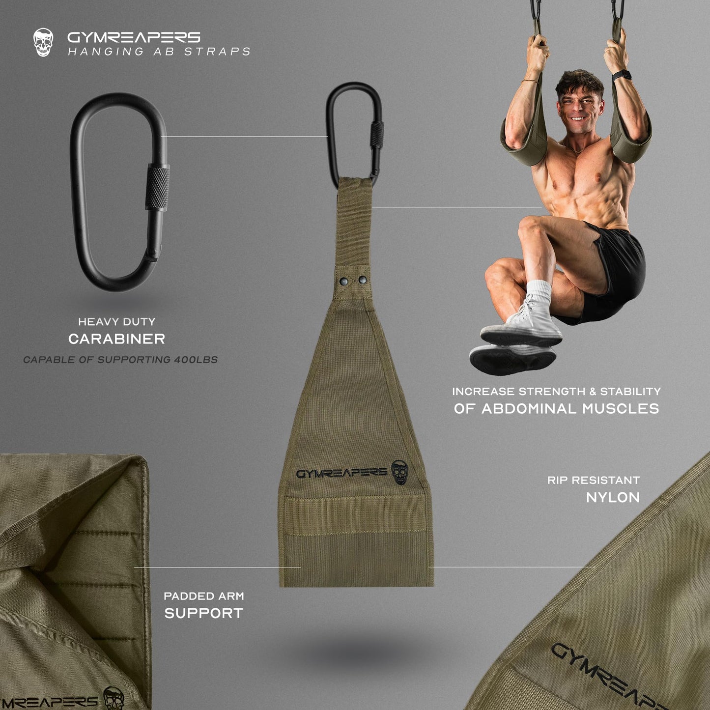Gymreapers Hanging Ab Straps For Core Strength and Abdominal Training - Padded Adjustable Arm Supports For Bodyweight Exercises (Ranger Green)