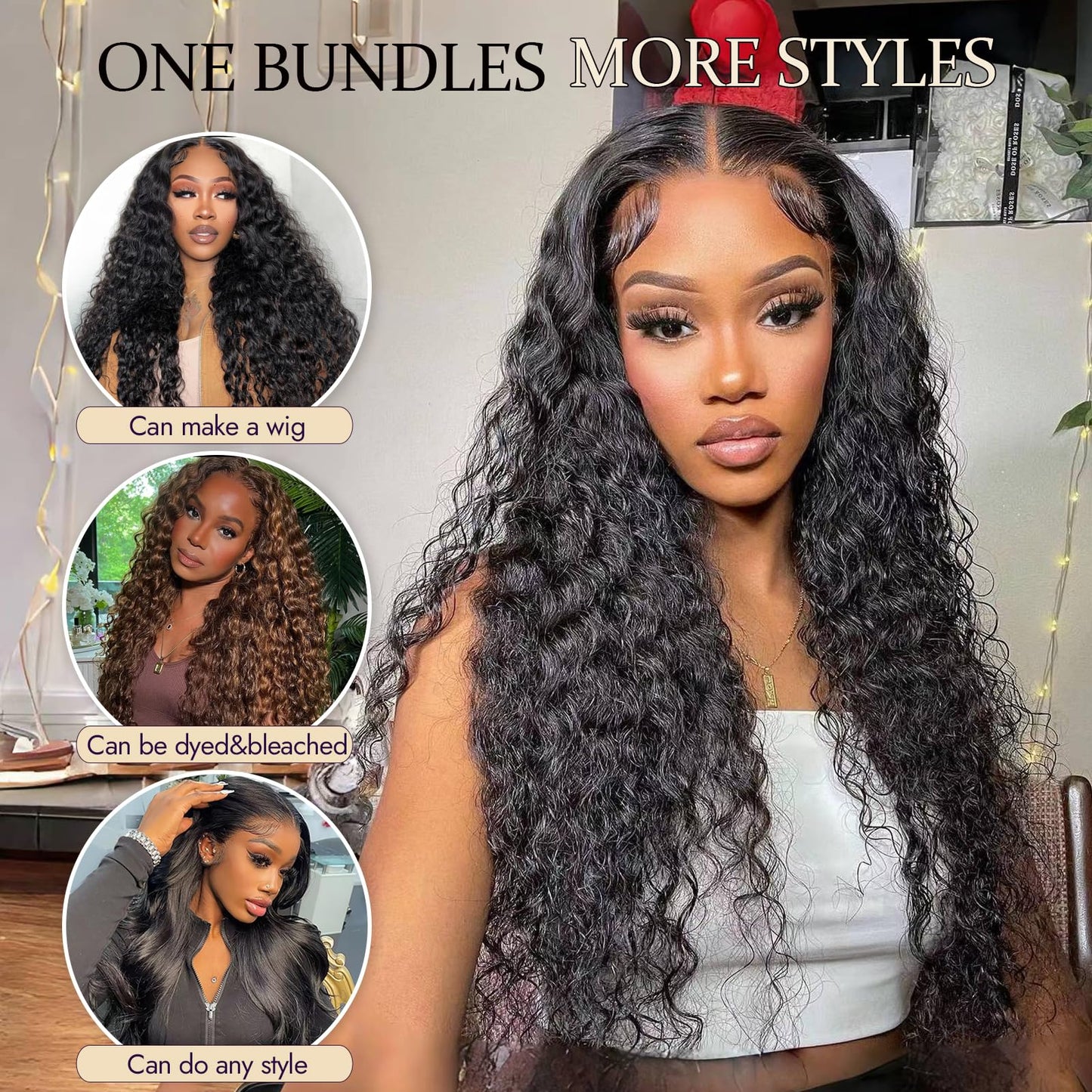 20 22 24 Inch Deep Wave Human Hair 3 Bundles 100% Unprocessed 12A Brazilian Virgin Human Hair Bundles Double Weft Deep Curly Weave Bundles Water Wave Bundles Natural Color