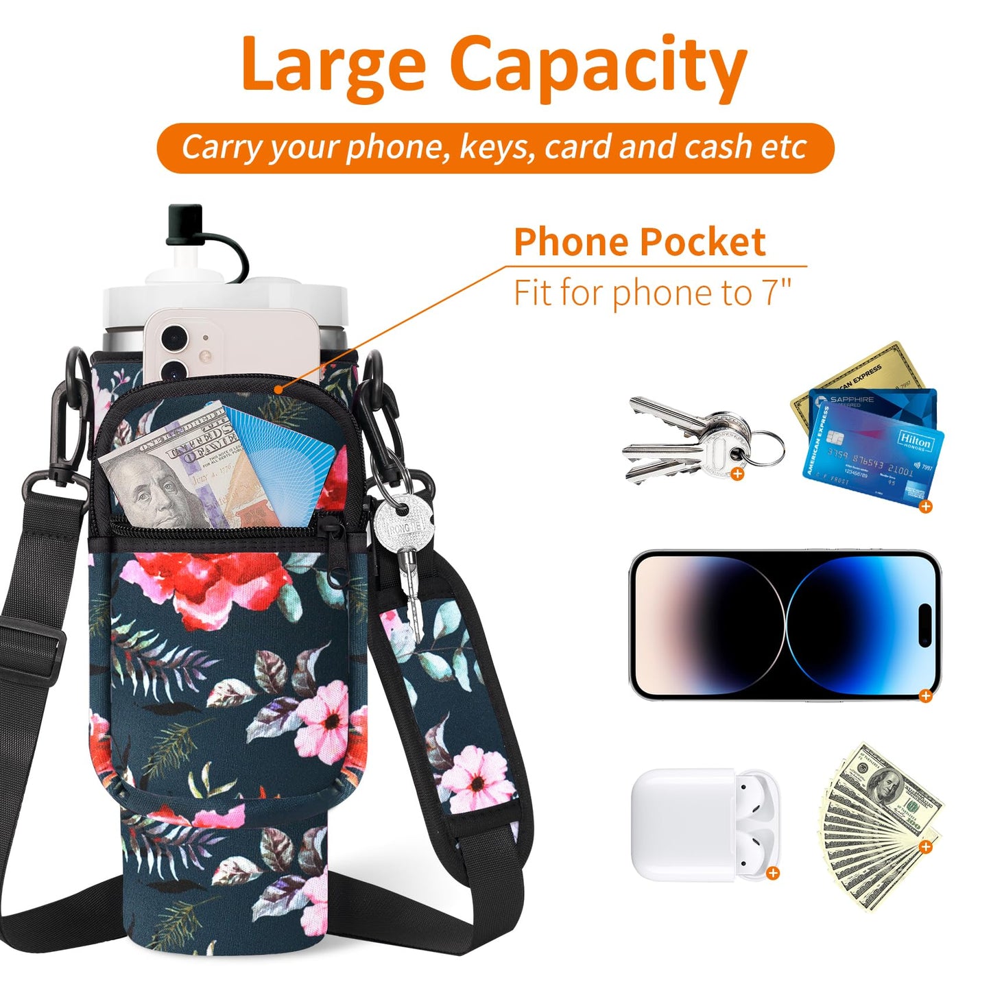 AceTreker 30/40 oz Stanley Cup Holder Bag with Phone Pocket, Neoprene Insulated Simple Modern Travel Mug Sleeve w/Paracord Handle & Straw Cover for Car Gym Walking-Wild Rose